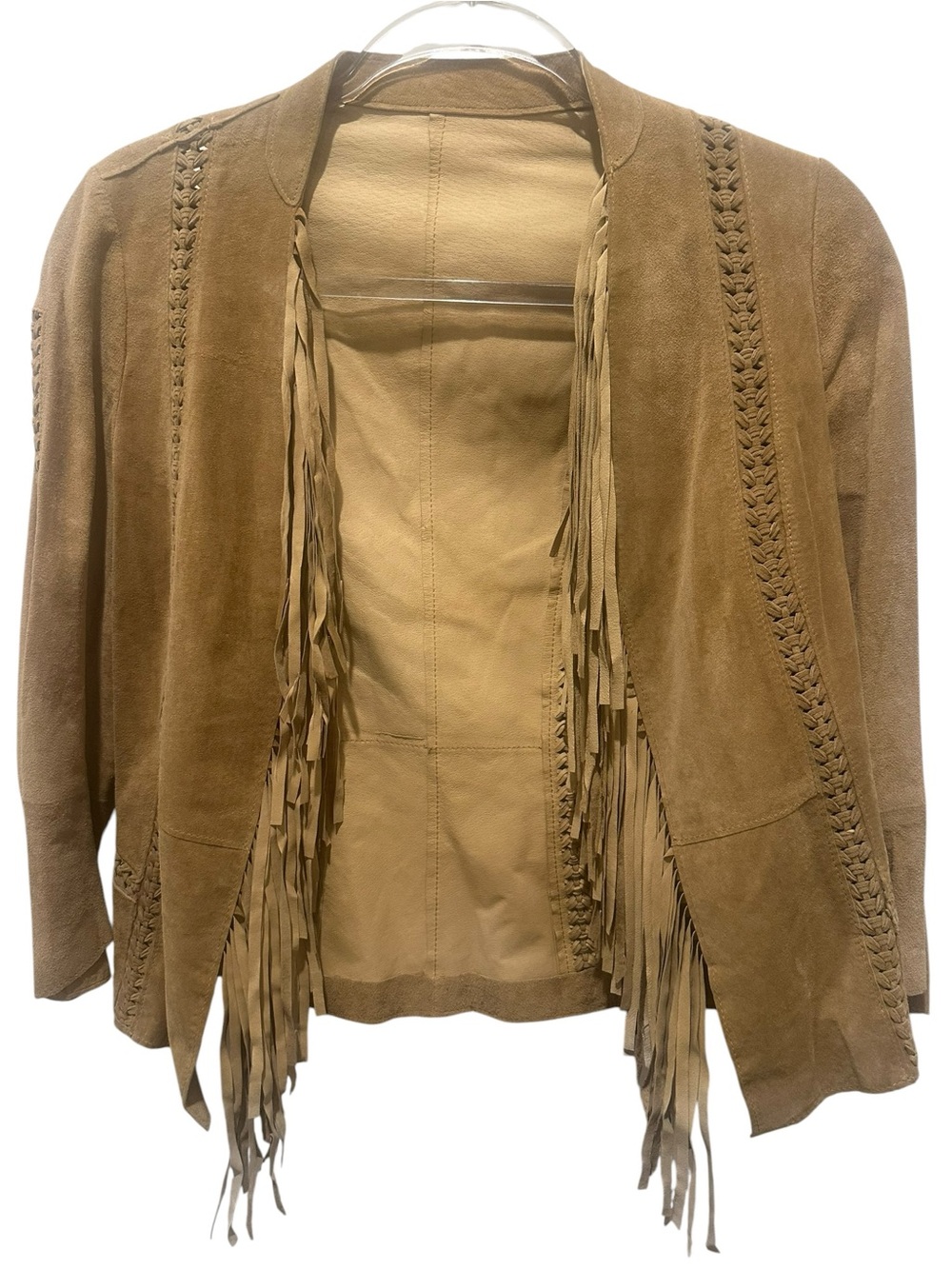 Suede Fringe Open Front Jacket - Tan